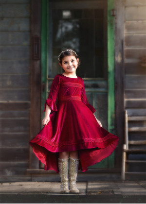 Burgundy Velvet Lace Trim Flower Girl Dress Christmas Dress